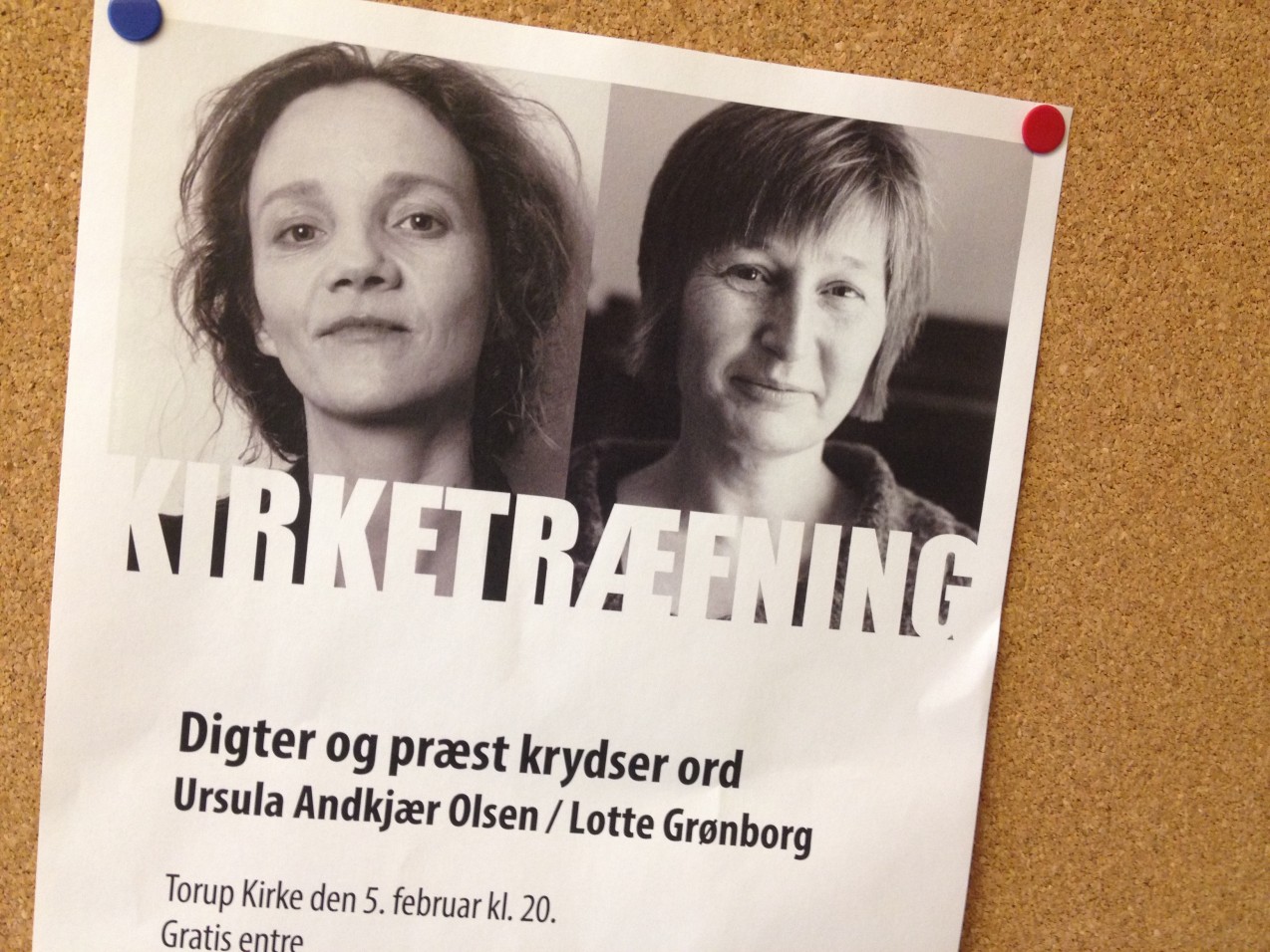 Plakat af arrangement i Torup Kirke - forfattertræfning - Ursula Andkjær Olsen og Lotte Grønborg
